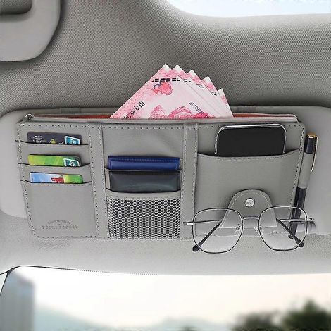 Organisateur de pare-soleil de voiture, étui à lunettes de soleil et pochette de rangement, pochette pour cartes et billets avec fermeture éclair multipoches en filet, étui pour clé de permis de condu (1/5)