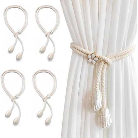 Bardusch-Lot de 4 embrasses de rideaux en coton, avec pinces, en corde de coton tissée à la main. Idéales pour la décoration (1/5)