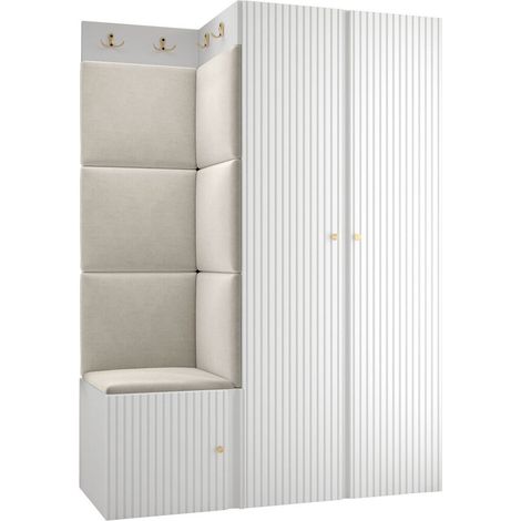 Meuble d'entrée Hartford 387, Blanc, 186x116x46cm, Stratifié, Tissu, MDF, Murale, À poser (1/5)