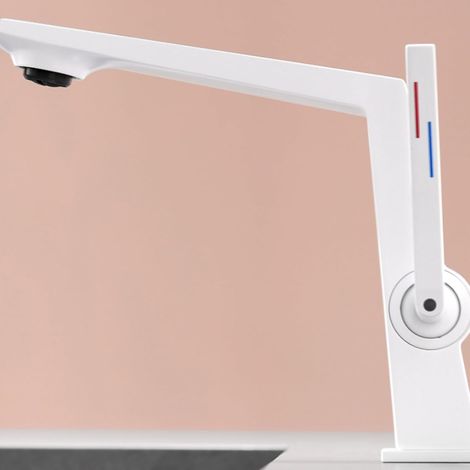 Mitigeur de lavabo en laiton blanc, robinet de salle de bain moderne à poignée unique eau chaude et froide, robinetterie élégante pour vasque évier cuisine avec design contemporain (1/4)