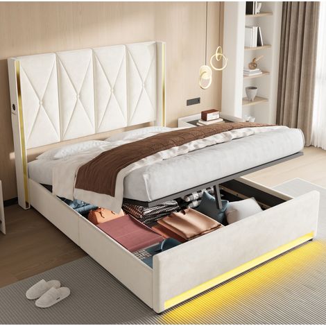 Letto contenitore moderno in velluto beige 160x200 cm con testiera alta trapuntata, USB/Type-C, LED e vano letto