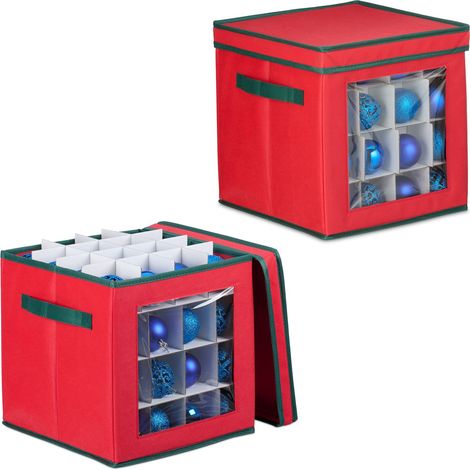 Relaxdays Scatola per Palline di Natale, Set 2 Borse Porta Palle Natalizie a 64 scomparti, HLP: 33x32x32 cm, Rosso Verde