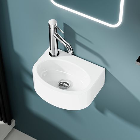 DILECI - Vasque lave-mains murale sortie gauche petit format en céramique blanc (3023cm) - LINO (1/5)