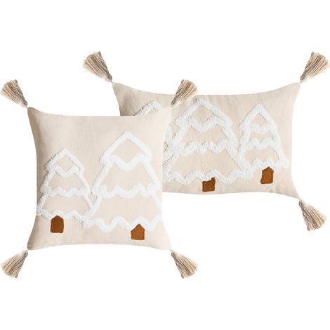 Conjunto de 2 cojines decorativos de algodón con motivo navideño 30/45 x 50/45 cm beige claro/blanco Intsia