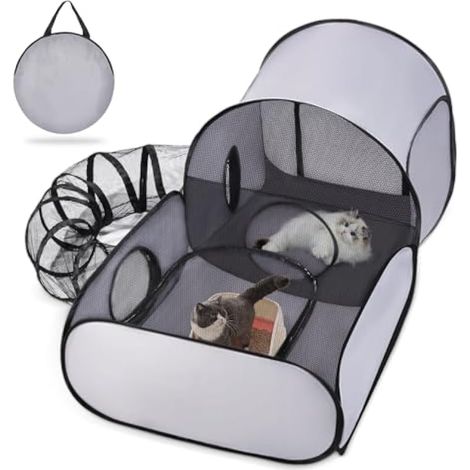 Parc de jeu pour petits animaux de compagnie avec tunnel environnant, intérieur et extérieur, côtés doux respirants, tente portable avec sac de transport, enclos à chat/chien (taille L) (1/5)
