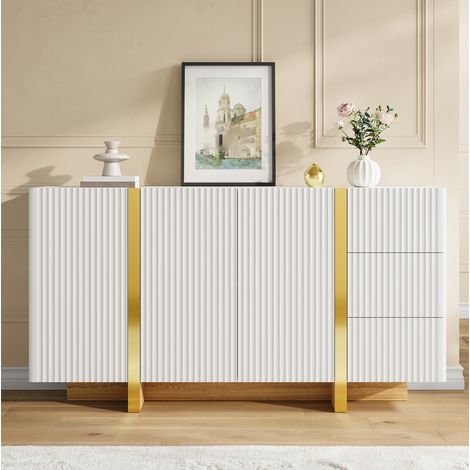 Credenza 140x36x75 cm, 3 ante, 3 cassetti, battute ammortizzate, bordi oro, MDF e truciolare, bianco (1/5)