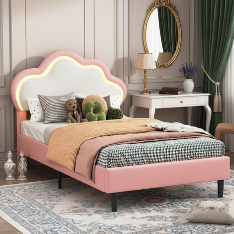 Lit simple 90x200 cm, tête de lit réglable en forme de nuage, éclairage LED, cadre de lit style princesse, PU, lit enfant - rose (1/5)