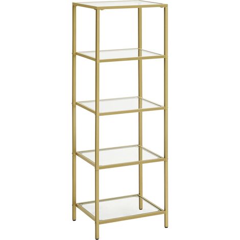 Étagère meuble de cuisine rangement 5 niveaux 30 x 40 x 124,5 cm colonne salle de bain pour salon chambre bureau en verre trempé cadre en acier doré (1/5)