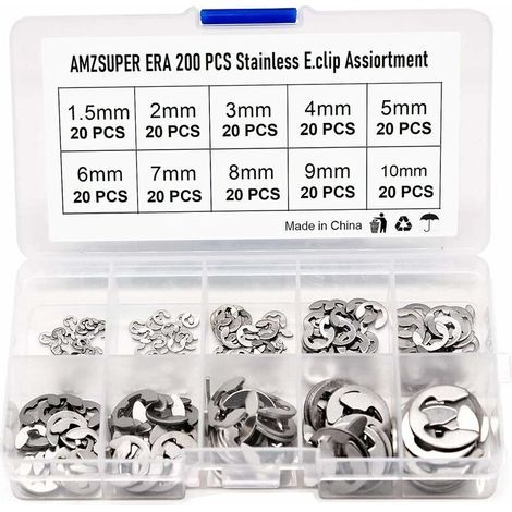 200 Pcs E Clip Ring 304 Stainless Steel External Circlips Assortment of Circlips 1.5/2/3/4/5/6/7/8/9/10mm Various Uses (1/5)