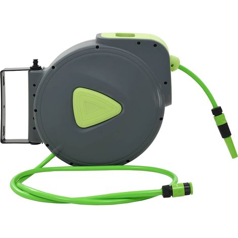 Enrouleur tuyau d'arrosage mural rétractable automatique pivotant 180° vert et gris 30+2 m (1/5)