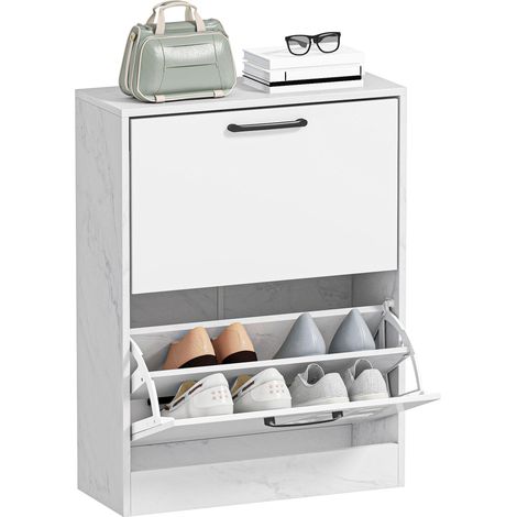Meuble à chaussures étroit avec 2 portes laquées brillantes, étagères réglables, design marbre, pour 8 paires de chaussures, 60 x 24 x 80 cm, blanc