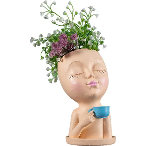 Pot de Fleurs Sculptural en Résine - Pot Face Décoratif avec Trou de Drainage - Hauteur 19.8cm - Blanc, Beige, Khaki, Brun (1/5)