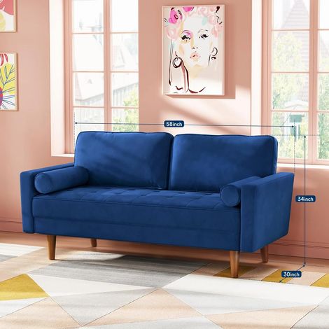 Keepbuying – Canapé droit 2 places en velours bleu – Accoudoirs roulés – Dimensions 148 x 78 x 85 cm – Confort moyen – Montage facile en 10 minutes