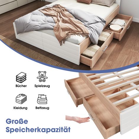 Lit 180x200cm en bois massif avec 2 tiroirs de rangement, cadre moderne et sommier à lattes inclus - dimensions 207x80x185cm (LxHxl), finition chêne/blanc, sans matelas (1/5)