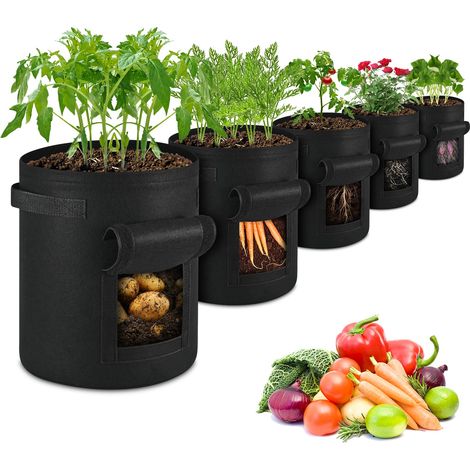 Lot de 5 sacs de plantation non tissés de 26,5 litres (7 gallons) avec rabat, fenêtre de récolte et poignées renforcées – Idéaux pour la culture de pommes de terre, tomates, carottes et oignons – Noir (1/5)