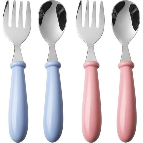 Couverts Enfant - Fourchette Et Cuillère En Acier Inoxydable Et ABS - Pour Repas En Famille - 2 Sets (1 Fourchette + 1 Cuillère Par Set)