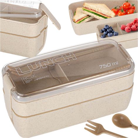 Lunch Box With Compartments and Cutlery, 750 ML, Beige (1/5)