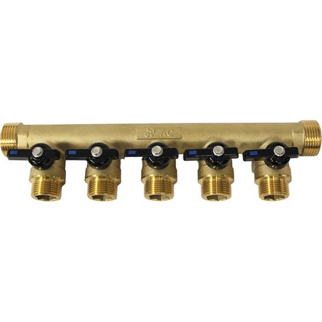 Arcanaute – Collecteur mini-vanne 1" 5 départs mâle 3/4" – Étanchéité PTFE – Passage supérieur à 15 mm – Pour installations sanitaires