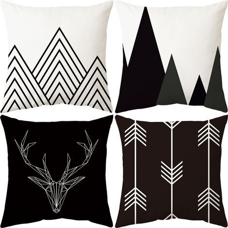 4er-Set geometrische, schwarz-weiße Kissenbezüge mit Hirsch- und Pfeilmotiv, minimalistisch, weich, kurzplüschig, quadratisch, für Sofa, Couch, Schlafzimmer, Auto, Stuhl, Heimdekoration, 45 x 45 cm (1/5)