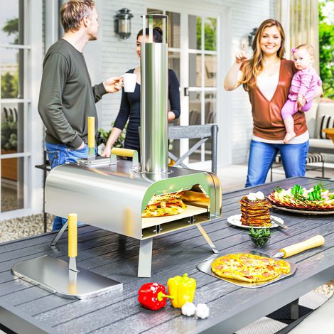 Four à pizza extérieur portable à bois ou à pellet avec pierre pizza à pieds pliables cheminée acier inoxydable argenté