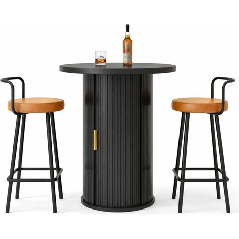 Conjunto de bar con mesa alta redonda con almacenaje y 2 taburetes ergonómicos de MDF y metal HOMVRA (1/5)