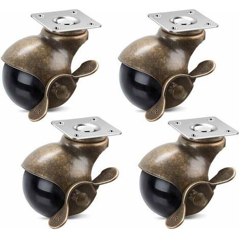 Roulettes à billes de 2 pouces avec frein, rotation à 360 degrés, laiton antique, avec plaque supérieure, pour meubles, armoires et fauteuils roulants (paquet de 4, 160 kg) (1/4)
