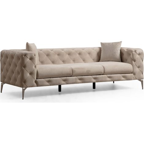 Canapé 2 places capitonné velours beige clair et pieds chromés Herakles 197cm (1/5)