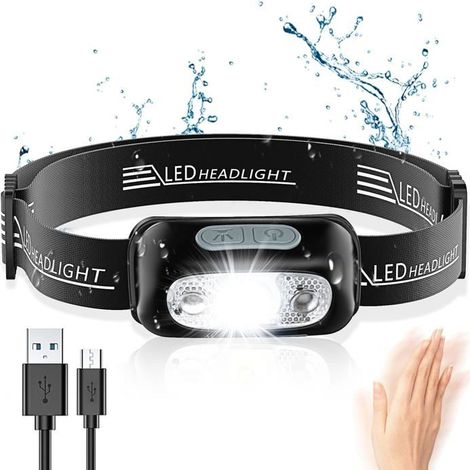 Lampe frontale LED puissante avec capteur de mouvement, étanche, rechargeable par USB, conçue par des professionnels pour le camping, la randonnée et la course à pied. (1/5)