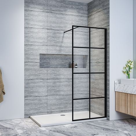 ELEGANT Stain Black 700mm Walk in Shower Door 8mm Safety Tempered Glass Bathroom Open Entry Shower Screen, Reversible Shower Cubicle