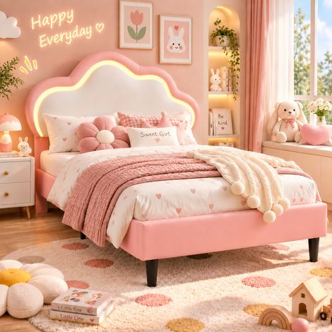Lit enfant fille 90x200cm Rose avec LED et sommier, Tête de Lit Nuage hauteur réglable, Lit princesse, Lit 1 place en cuir (1/5)