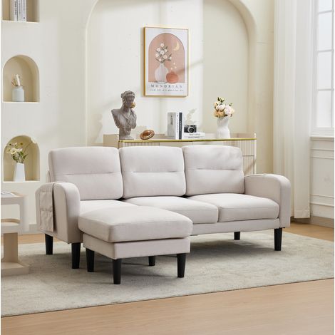 Divano angolare a L 204/136/80 cm beige, 3 posti con chaise longue e tasche portaoggetti (1/5)