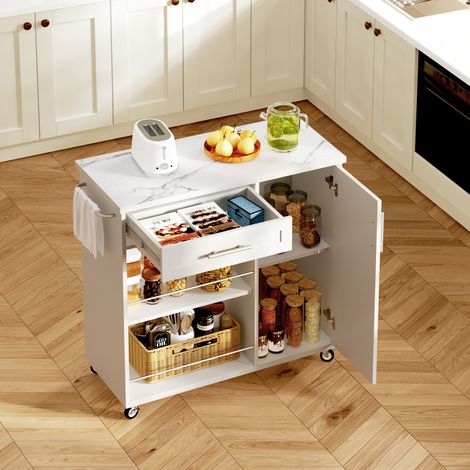 Chariot cuisine blanc 90x62x90 cm dessus aspect marbre,tiroir placard étagères,roues verrouillables pratique. (1/4)