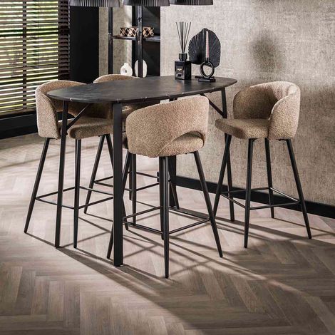 Table de bar 140 cm aspect céramique et 4 chaises en tissu bouclette