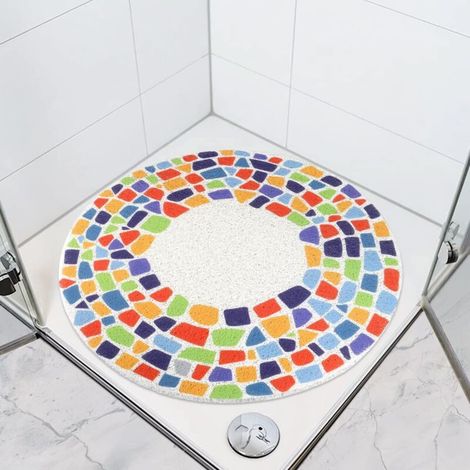 Colorful, 60x60cm Round, Non-Slip Shower Mat, Triangular Loofah Bath Mat, Floor Mat with Drain for Shower and Bathroom