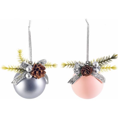 Palline di Natale in plastica rosa e argento con pigna e bacche da appendere, set da 6 pezzi, Ø 5,5 cm