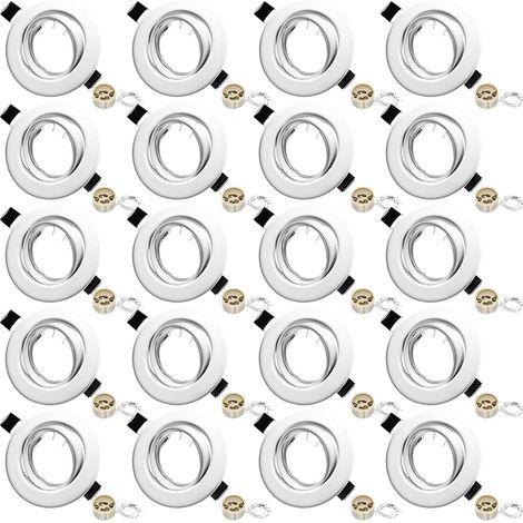 Lot de 20 Projecteurs Encastrables GU10, Cadre Blanc Mat Douille céramique, orientables à 30°, Ø 68-80mm. Pour ampoules LED/halogènes 50mm. Ampoule non incluse. (1/5)