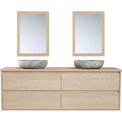 Mobile per bagno con doppio lavabo da appoggio in Pietra e specchio 150 cm Placcatura Rovere - MILIPAM (1/4)