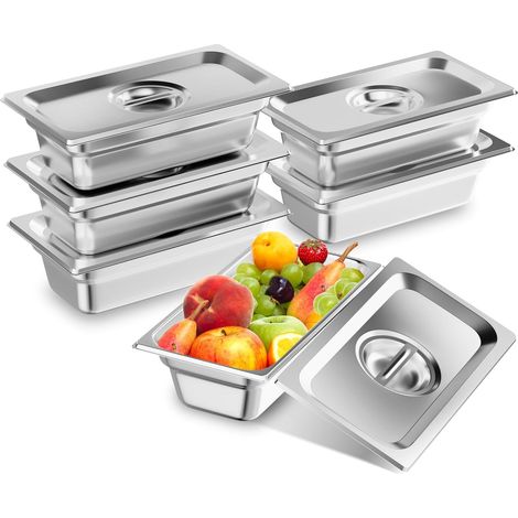 Bac GN Gastronorm Lot de 6 récipients de poêle en acier inoxydable de 100 mm de profondeur avec couvercle pour bain marie traiteur 1 mm d'épaisseur (1/3, 6 pièces, avec couvercle) (1/5)