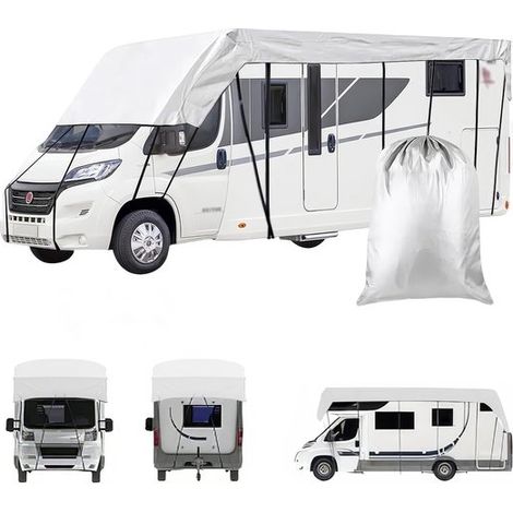 Bâche de toit pour camping-car 7,5 x 3 m - Housse de protection en Oxford 210D pour caravane, imperméable, coupe-vent et résistante aux UV, avec sangles de fixation - Gris clair