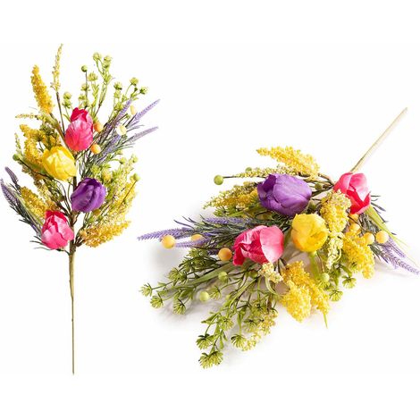 Branches bouquet de coquelicots colorés et lavande artificielle, lot de 6, H. 36 cm (avec tige 61)