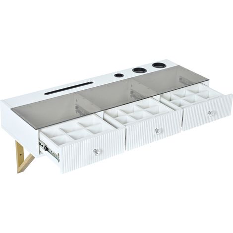 Toeletta bianca con 3 cassetti, piano in vetro, supporto tablet e portabicchieri, 120 x 40 x 45 cm (1/5)