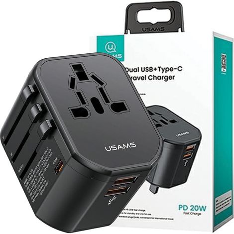 Adaptateur réseau Usams 2xUSB+1xUSB-C T59 20W 4 en 1 US/AU/EU/UK noir/noir CC179TC01 (US-CC179) Chargeur de voyage universel (1/5)