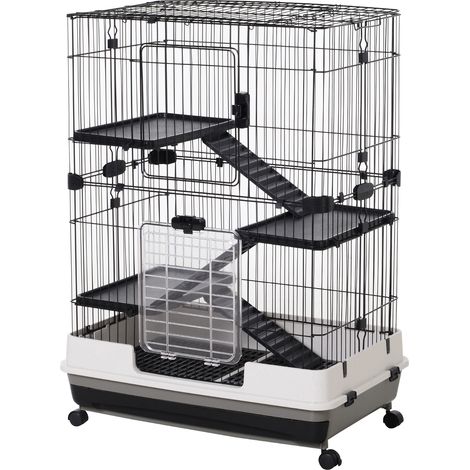 Cage à 3 Niveaux en Métal avec Bac pour Rongeurs, Lapins et Furets avec 4 Roues, 81.2x52.7x114cm, Noire (1/5)