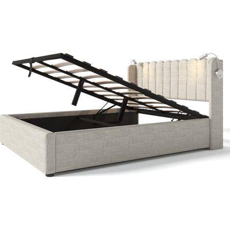 Lit Coffre 160 x 200 cm, Lit Double avec USB, Lampe de Lecture et Rangement, sans Matelas, Naturel (1/5)