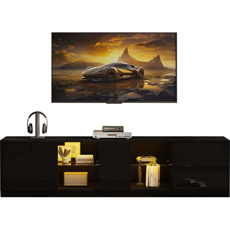 Meuble TV LED 160 x 40 x 52 cm pour téléviseur 65 pouces, 2 tiroirs, 1 porte, façade brillant, plateau verre trempé, noir, MDF, 80 kg - CHICFURN (1/5)