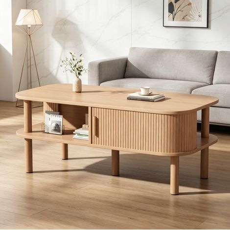 Mesa de centro (110x55x45 cm), con almacenaje de dos niveles, puerta corredera acanalada, MDF, color madera natural (1/5)