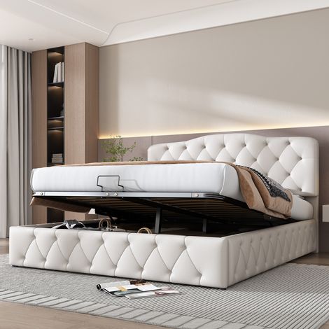 Letto imbottito, letto matrimoniale, letto funzionale idraulico, letto continentale, testiera regolabile in altezza, motivo litchi, pelle sintetica, 140 x 200, bianco (1/4)