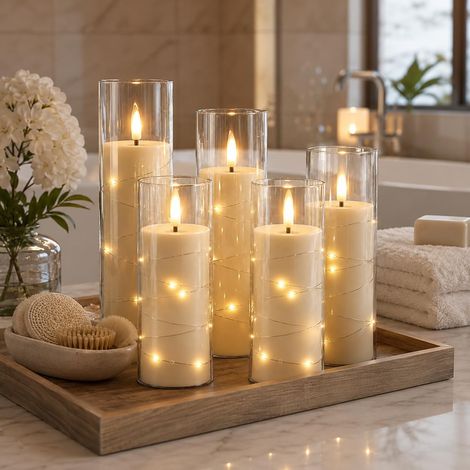 5 bougies LED ivoire transparentes avec guirlande, flamme réaliste, télécommande, effet verre. (1/4)