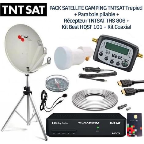 PACK SATELLITE CAMPING TNTSAT Trepied + Parabole pliable + Récepteur TNTSAT THS 806 + Kit Best HQSF 101 + Kit Coaxial