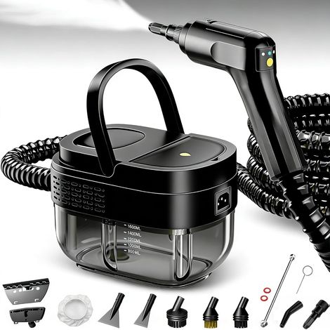 Nettoyeur Vapeur 2500W, Réservoir D’eau 1600ML, Poignée Réglable en 3 Positions, Haute Température 105℃ et Pression 3 Bar, Chauffe Rapide en 15s, 10 Accessoires, pour Voiture, Cuisine (Noir)